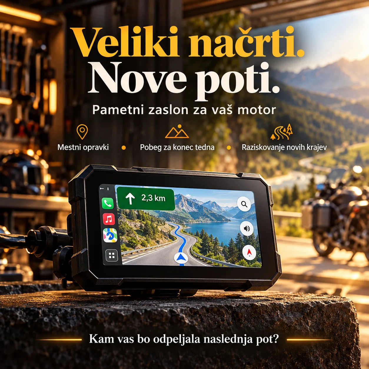 Motoristična GPS navigacija 5″, CarPlay, Android Auto, IP67