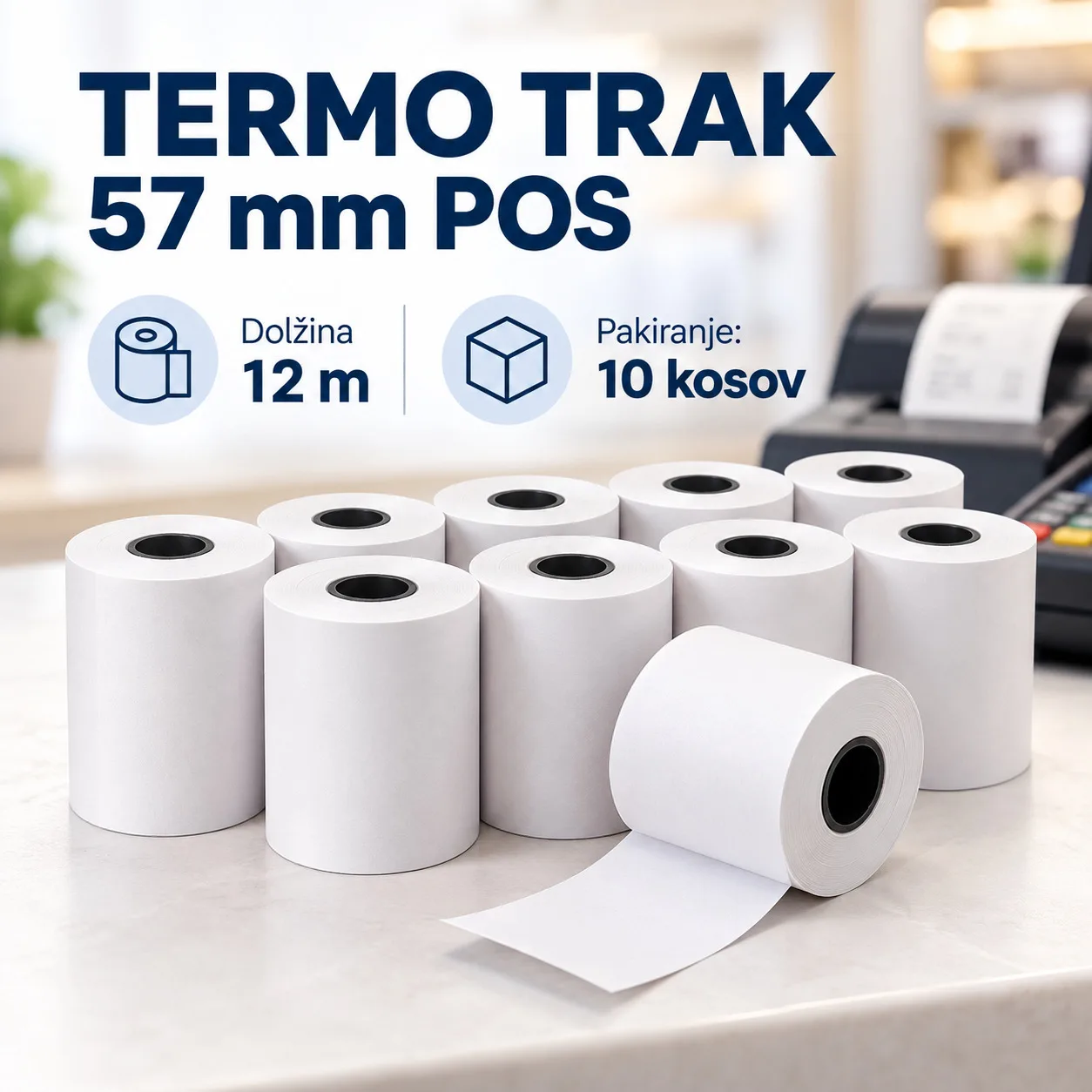 Termo papir - trak za blagajne in POS tiskalnike, 57 mm, 12 m