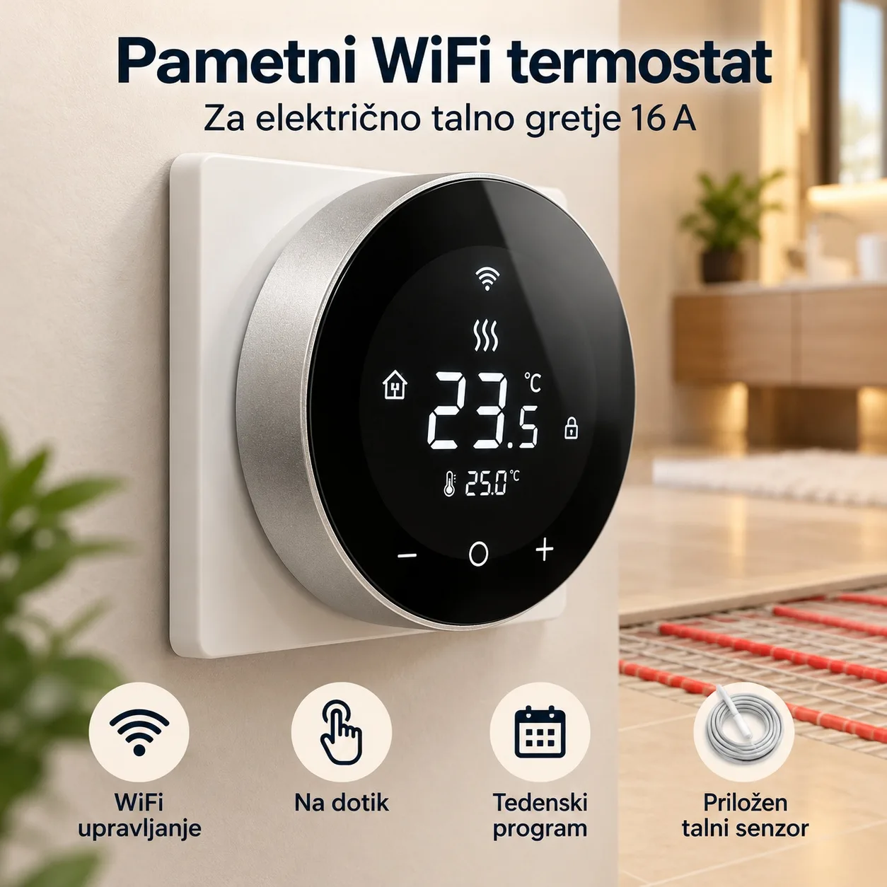 Pametni WiFi termostat na dotik 16 A za električno talno gretje