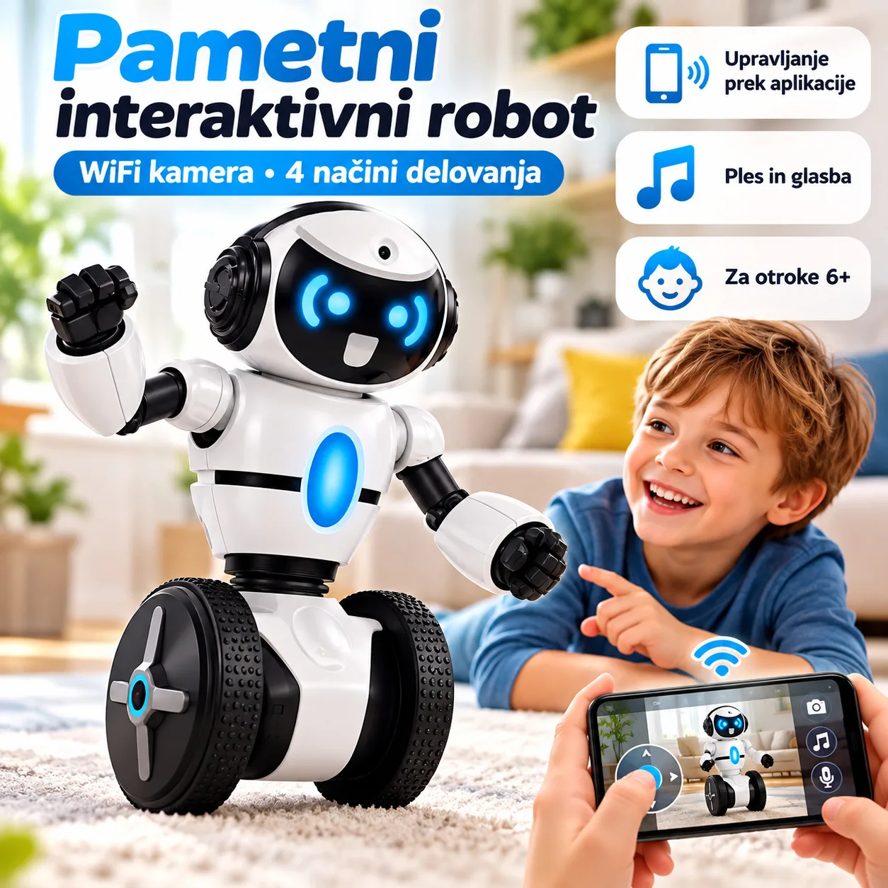 Pametni interaktivni robot z WiFi kamero, aplikacijo in 4 načini delovanja