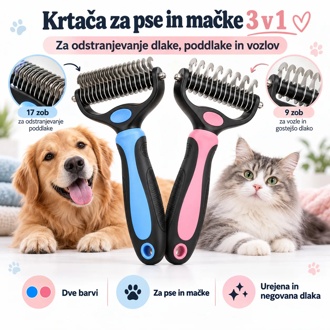 Krtača za pse in mačke 3 v 1 – odstranjevanje odvečne dlake, poddlake in vozlov