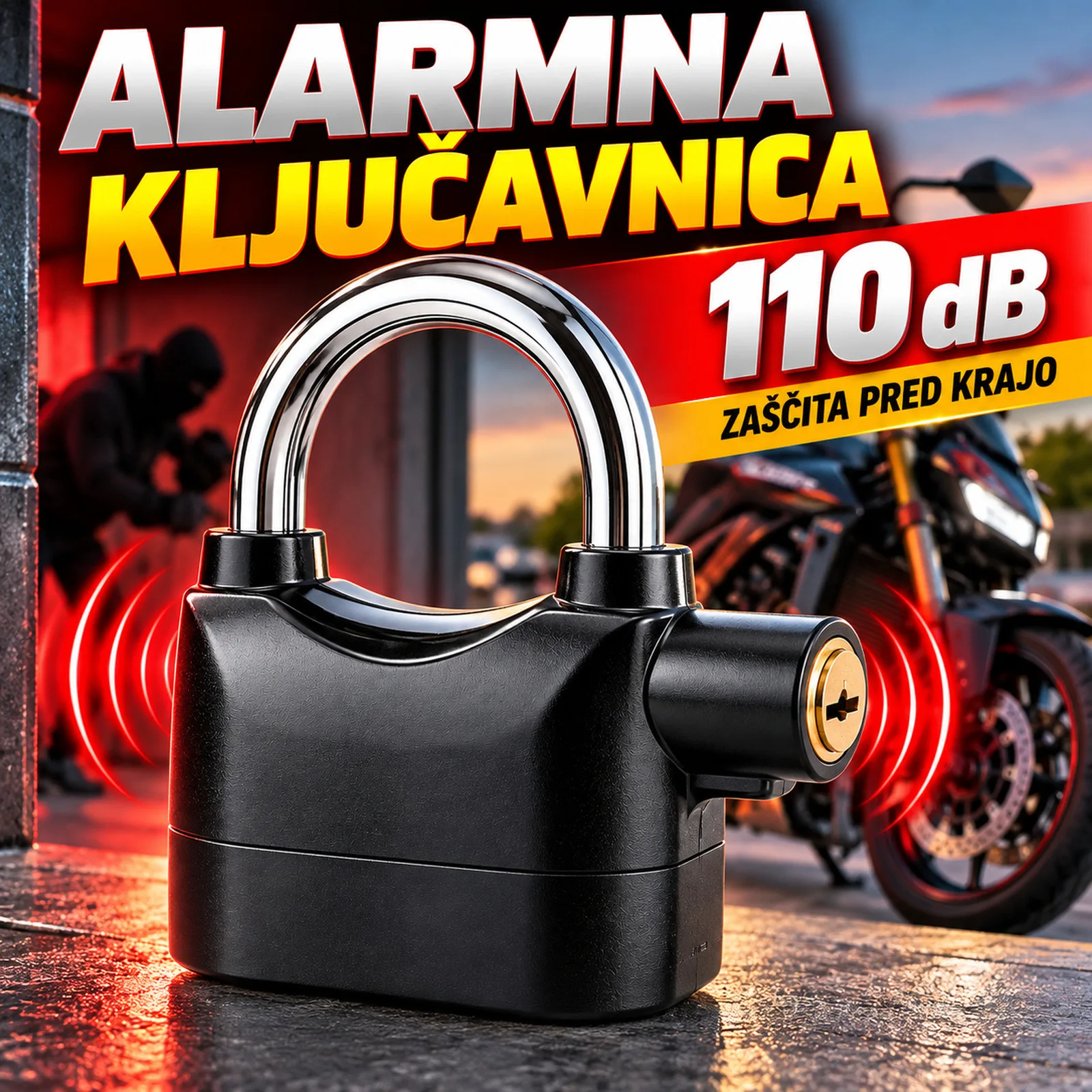 Alarmna ključavnica 110 dB proti kraji za motor, kolo in kletna vrata