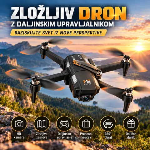 Zložljiv dron s kamero med letenjem nad pokrajino
