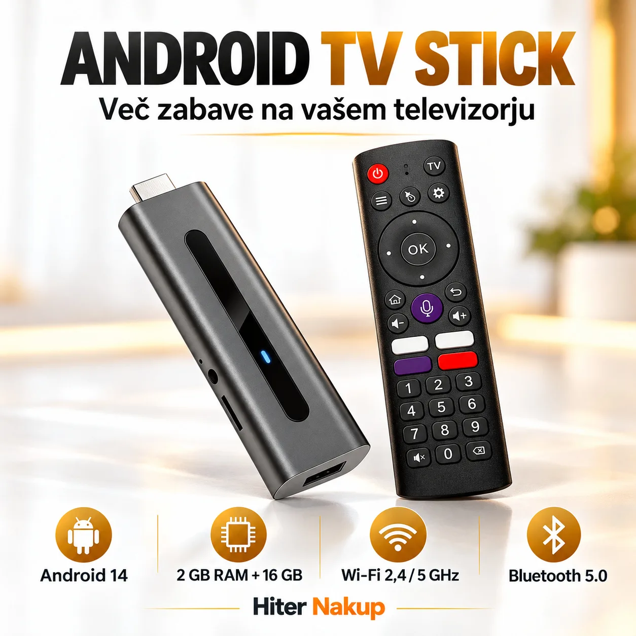 Android TV Stick Android 14 – 2 GB RAM, 16 GB, WiFi 2,4/5 GHz in Bluetooth 5.0