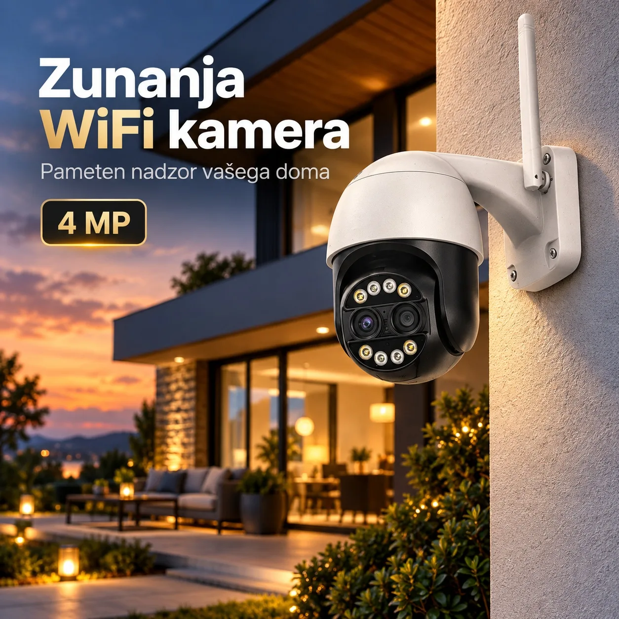 Zunanja WiFi IP nadzorna kamera 4 MP z dvojno lečo, 8× povečavo, AI zaznavanjem oseb, nočnim vidom in alarmom