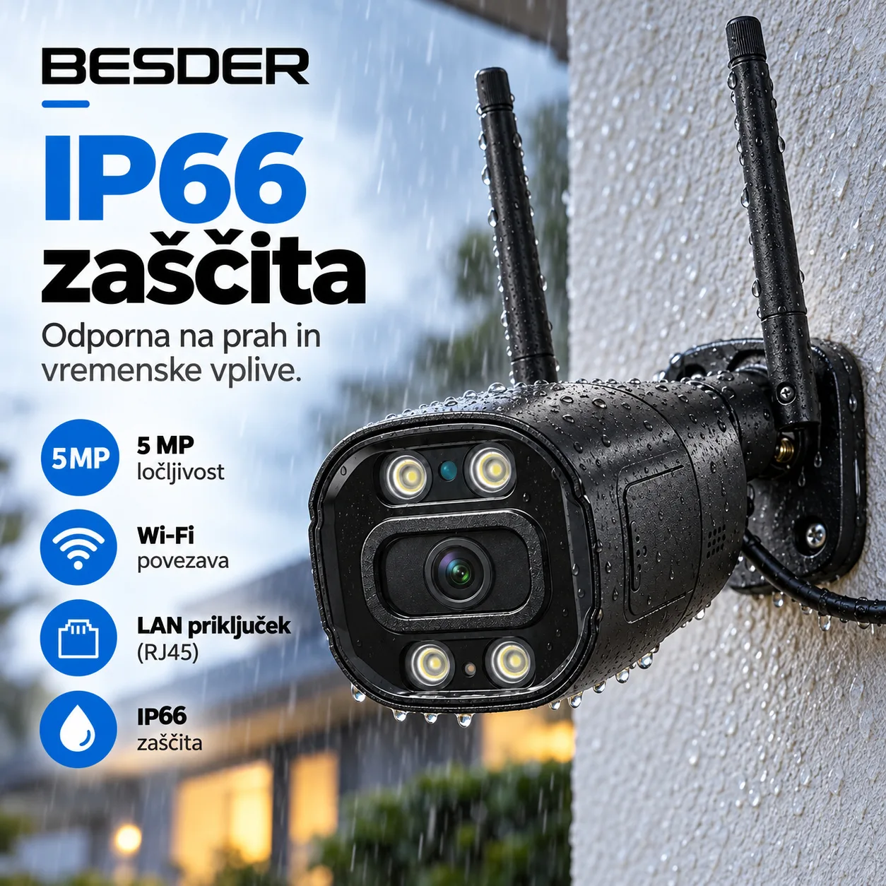 Zunanja Wi-Fi IP nadzorna kamera 5 MP, nočni vid, LAN povezava, IP66