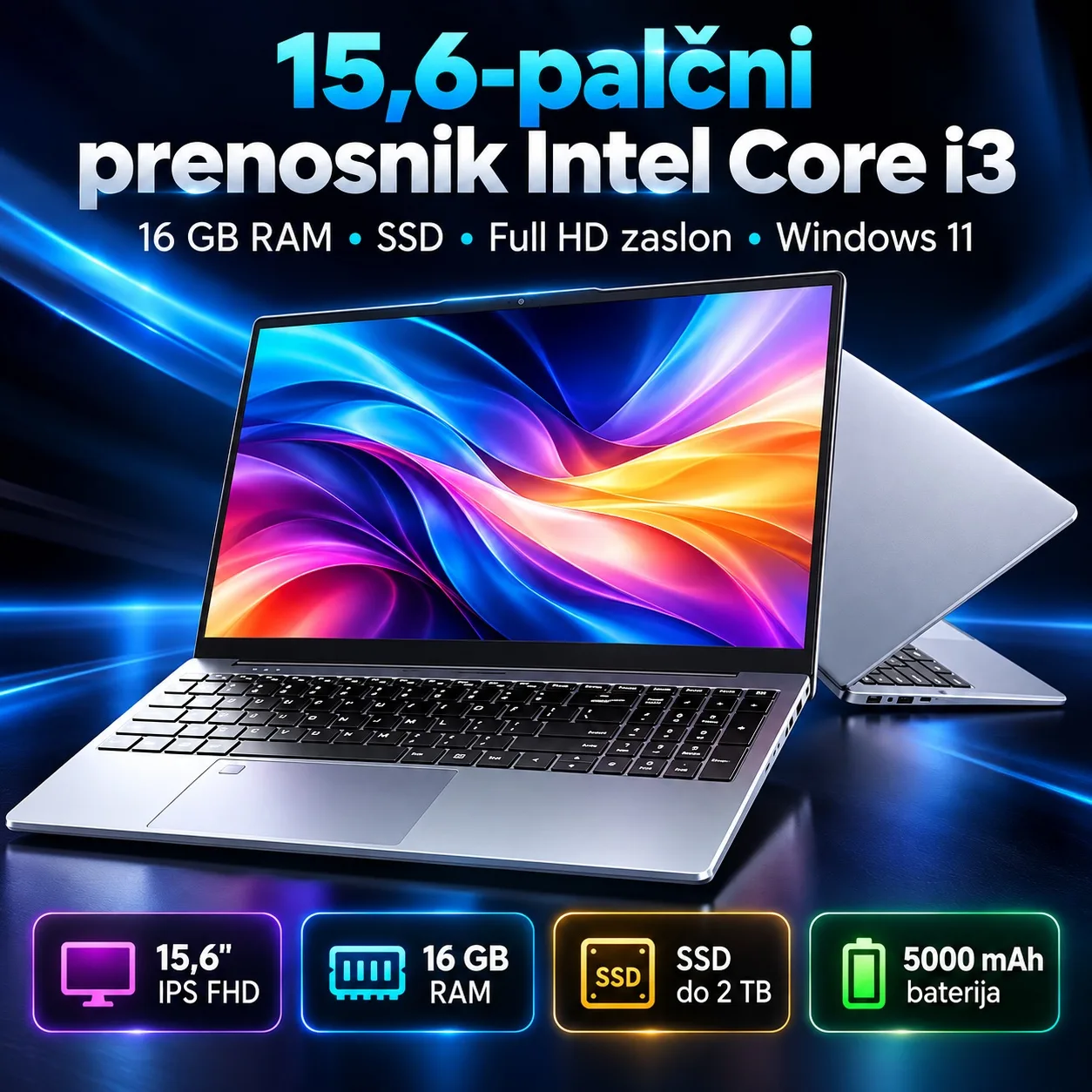 Prenosnik Intel Core i3 – 16 GB RAM, SSD, Full HD, Windows 11, 15,6"
