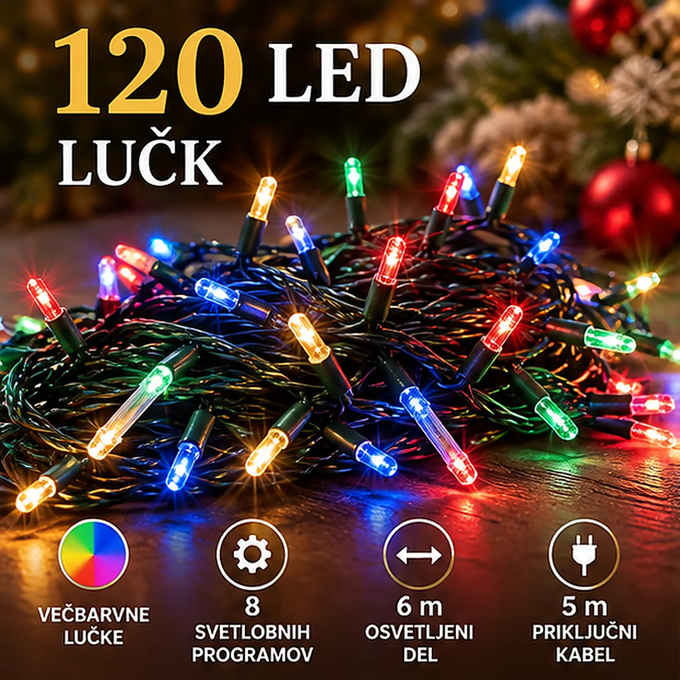 Novoletne lučke LED, večbarvne, božične, 8 programov