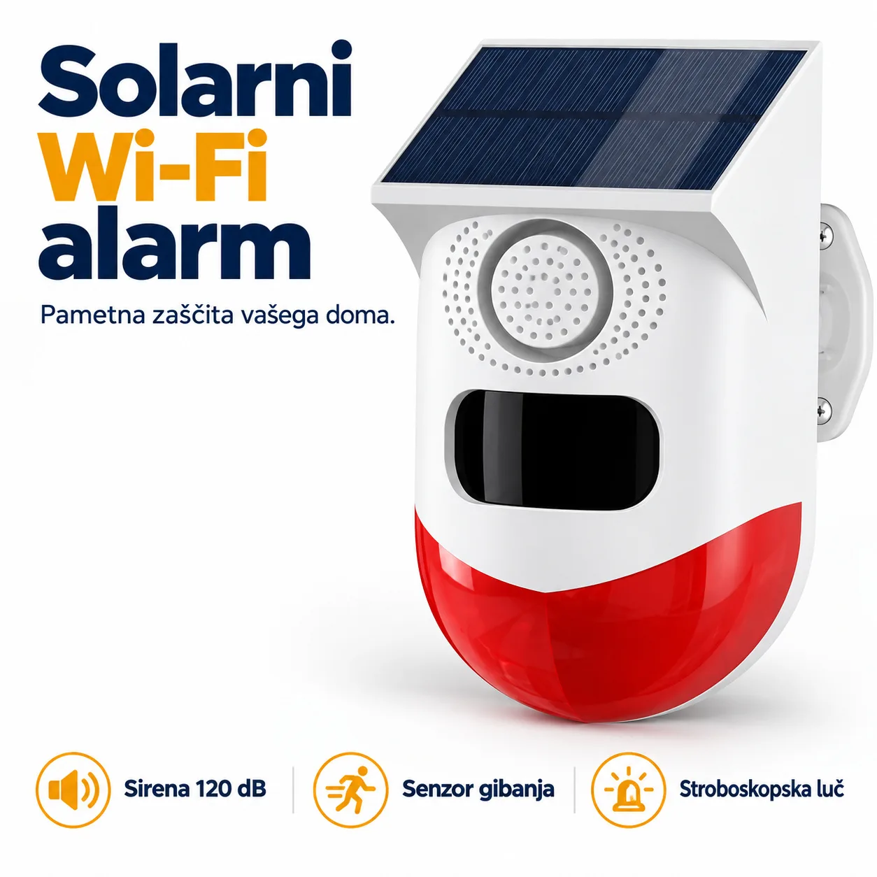Zunanji solarni WiFi alarm 120 dB s stroboskopsko lučjo, senzor gibanja