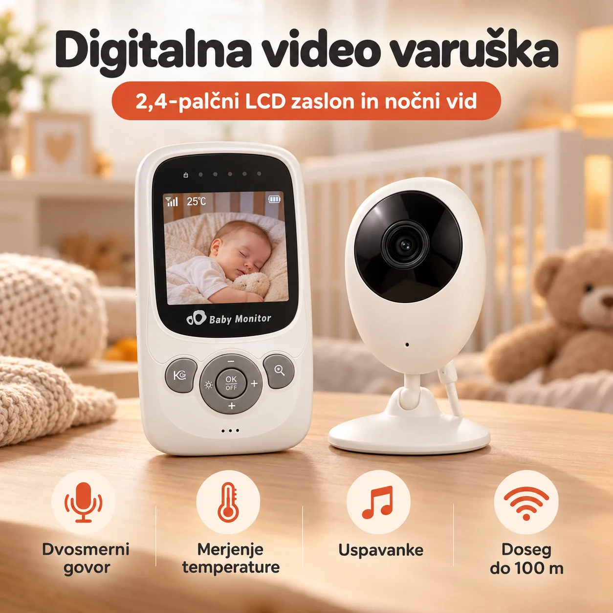 Digitalna video varuška 2,4″ LCD zaslon, dvosmerni govor
