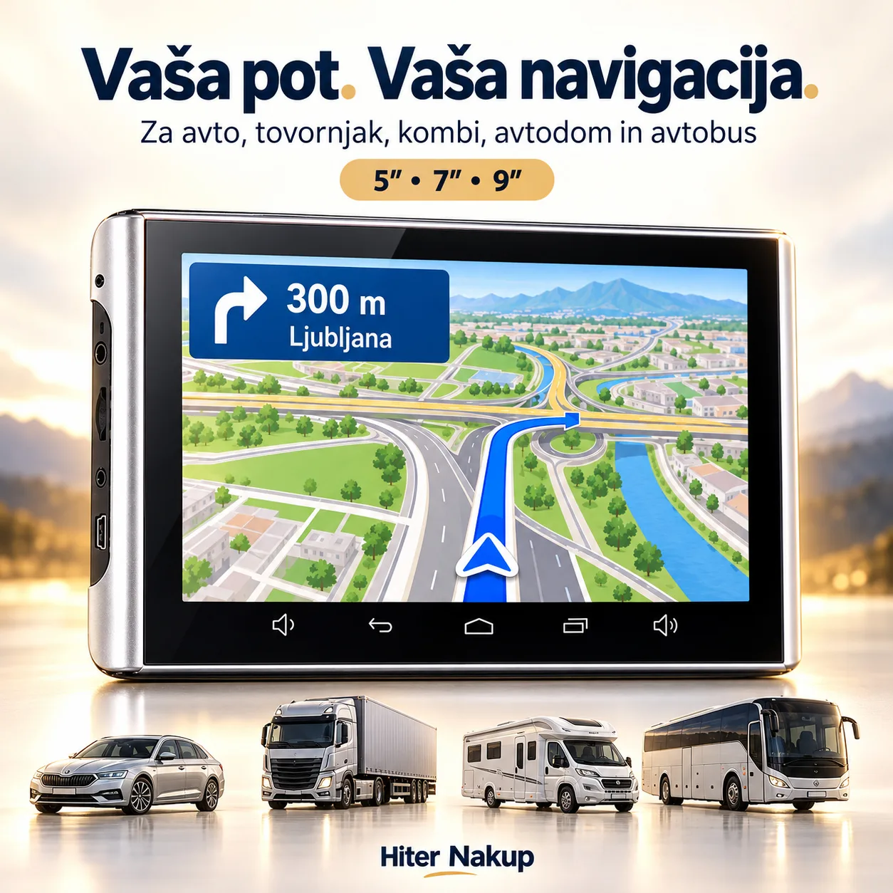 GPS navigacija za avto, tovornjak, avtodom in avtobus – 5″, 7″ ali 9″