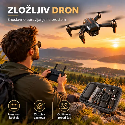 Uporabnik upravlja zložljiv dron na prostem