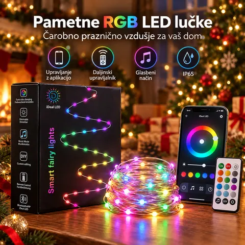 Pametne RGB LED novoletne in božične lučke, Bluetooth, aplikacija, daljinec — slika 1