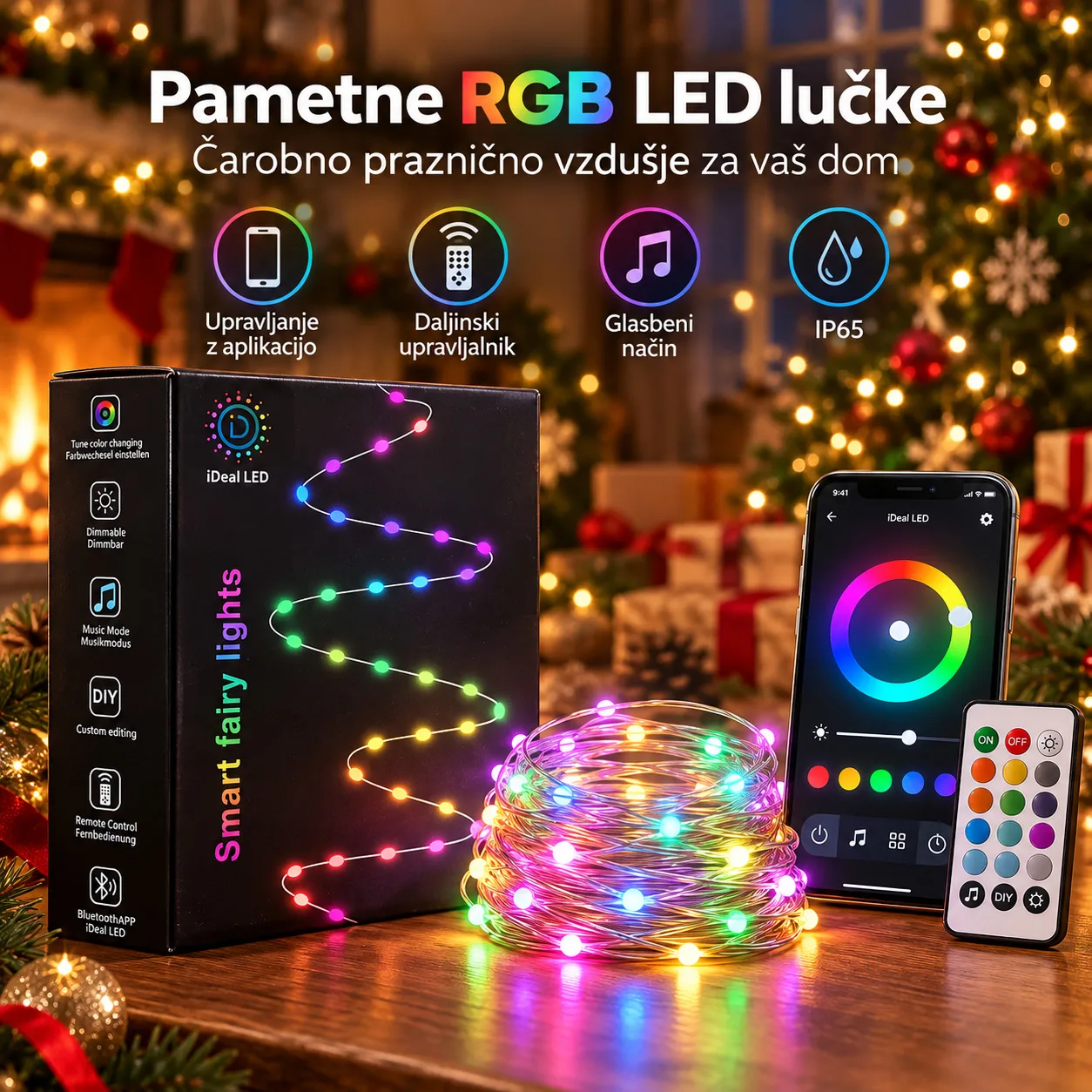 Pametne RGB LED novoletne in božične lučke, Bluetooth, aplikacija, daljinec