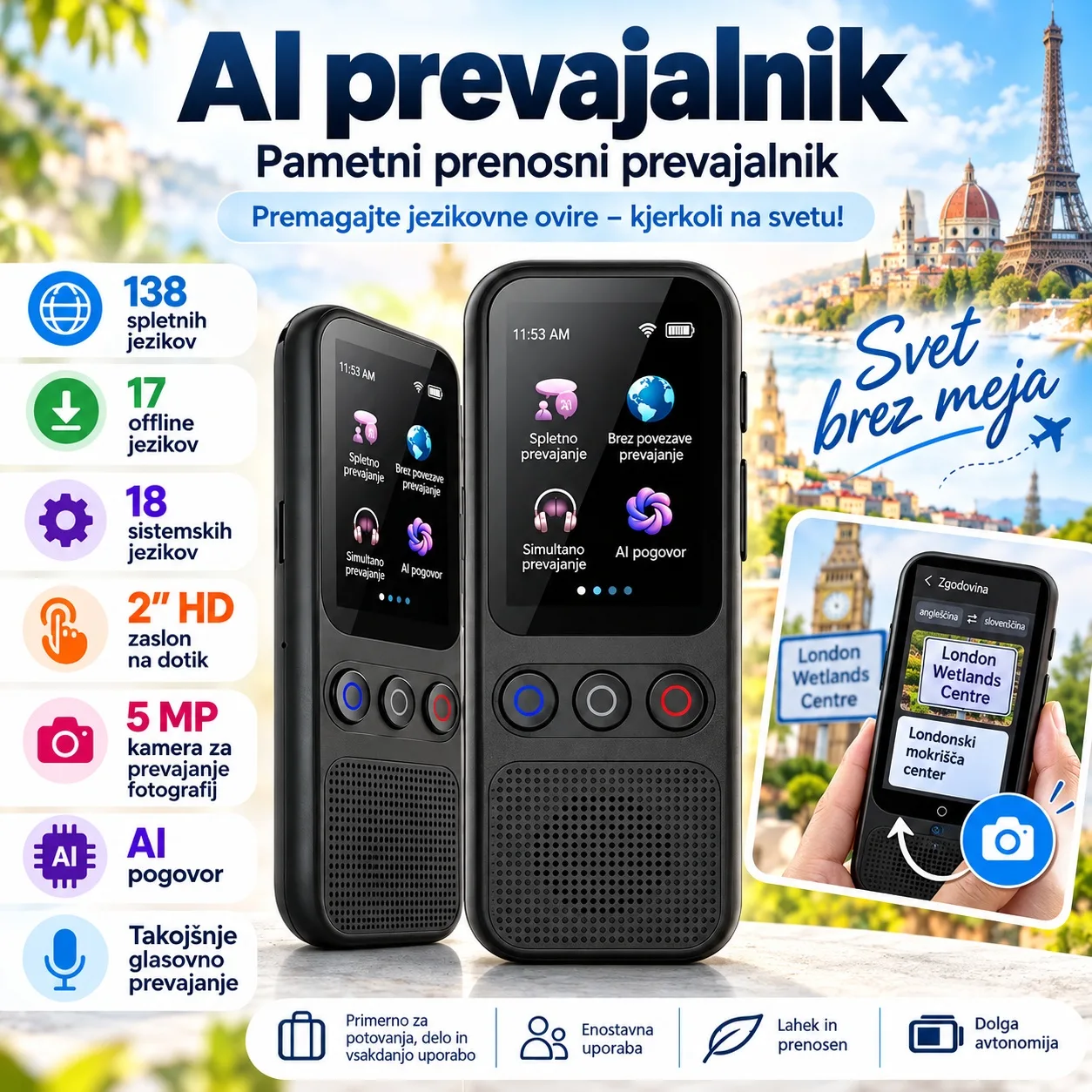 AI prevajalnik – govorni prevajalnik s 148 jeziki, slovenščino, kamero, WiFi in ChatGPT