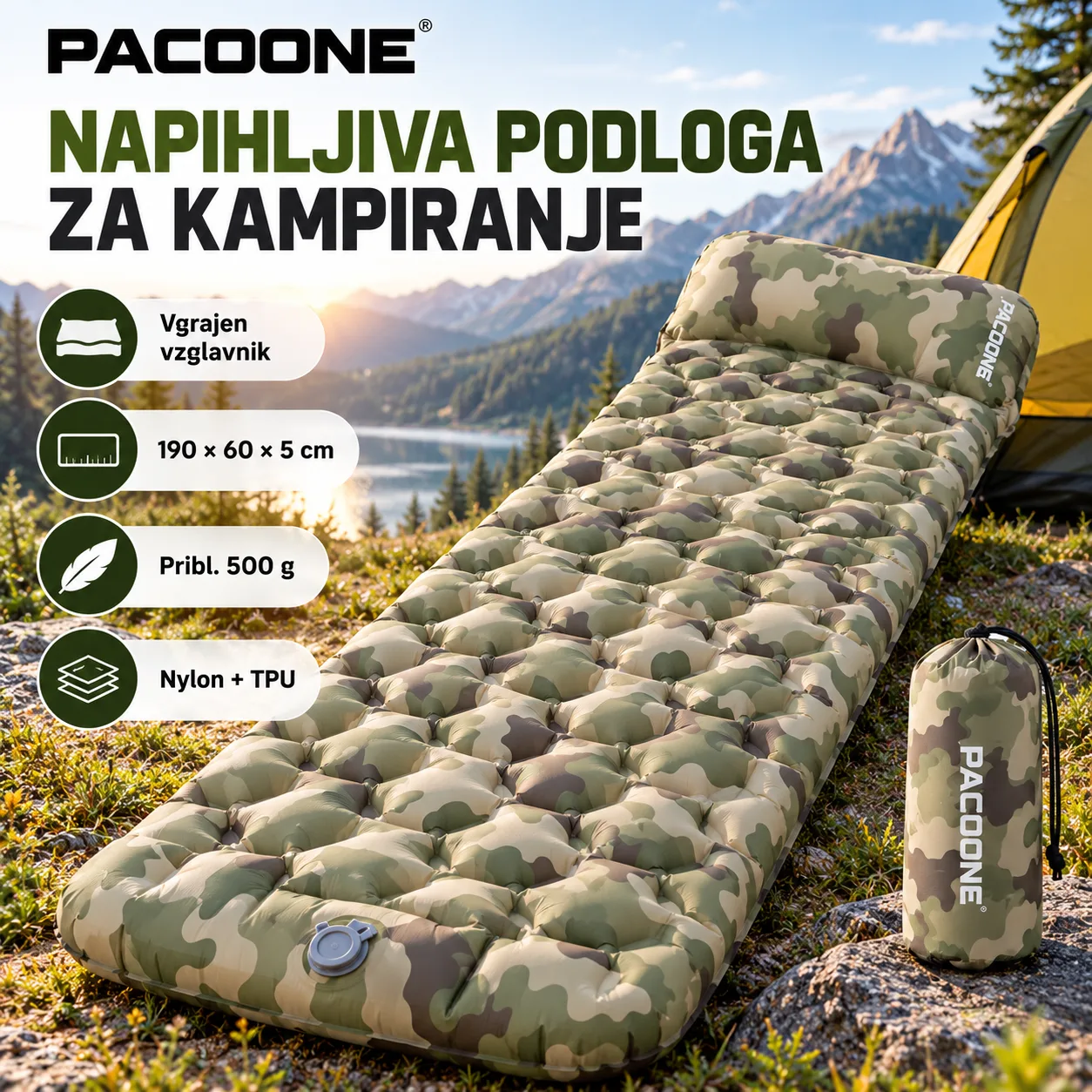 Napihljiva podloga za kampiranje z vzglavnikom