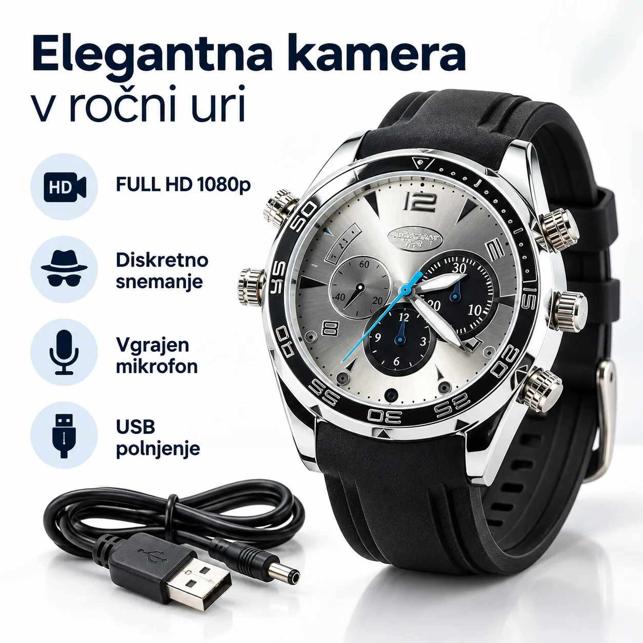 Elegantna ročna ura s kamero Full HD 1080p, mikrofonom, 32 GB pomnilnika