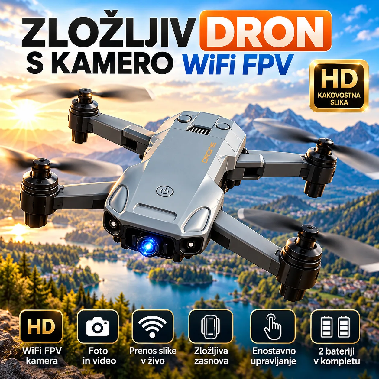 Zložljiv dron s kamero WiFi FPV, 2 bateriji, kovček