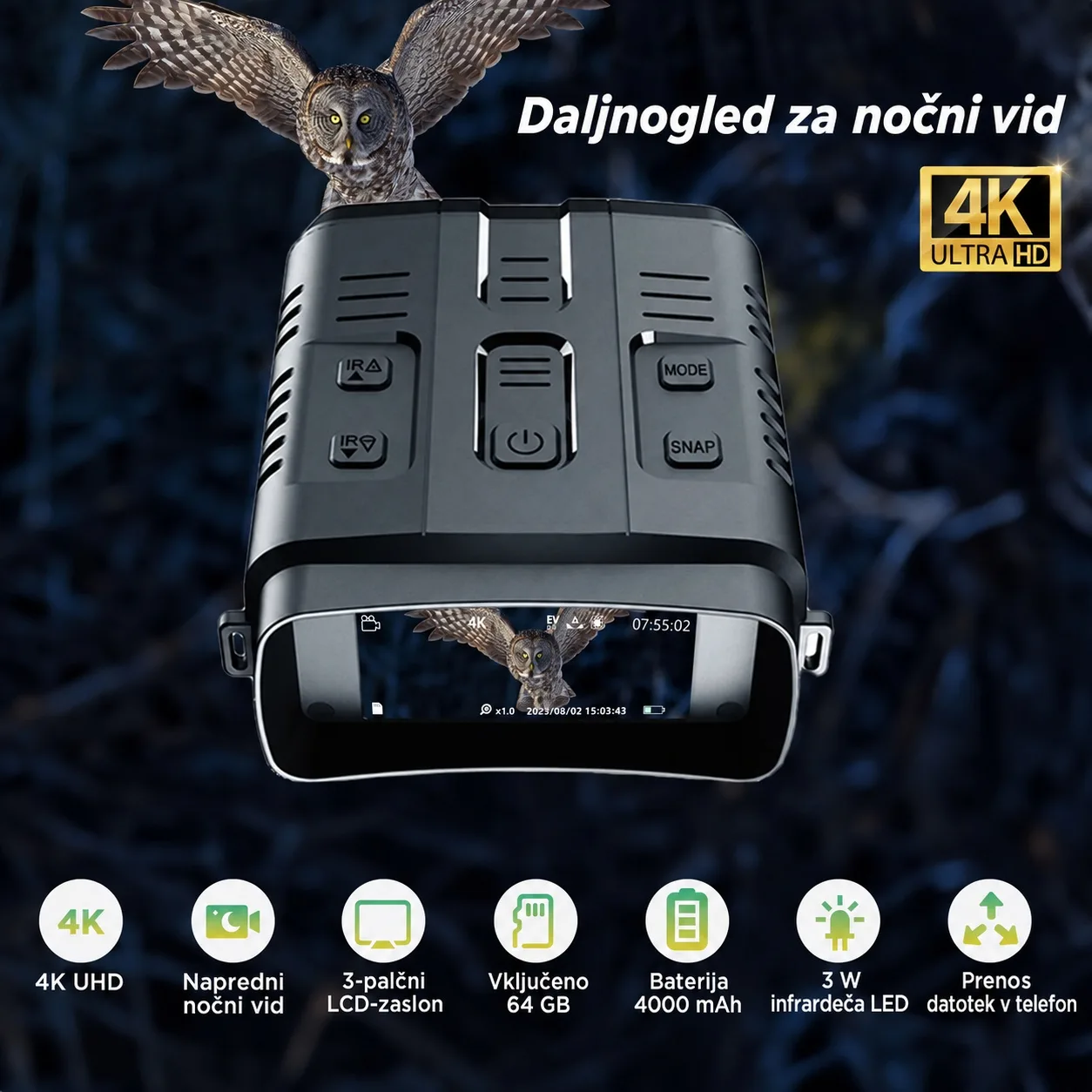 4K digitalni nočni daljnogled z IR – 42 MP, 10× zoom, 64 GB