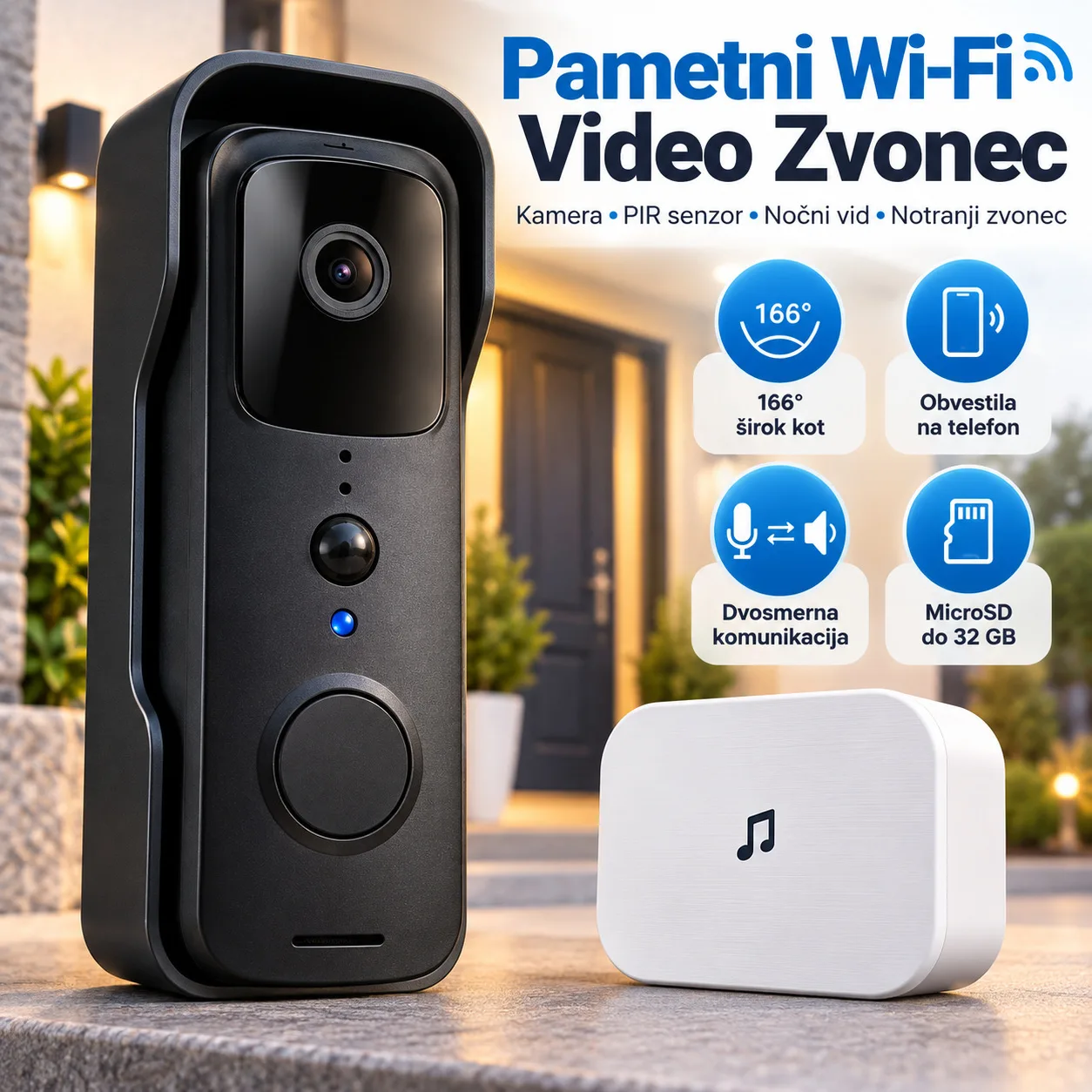 Pametni Wi-Fi video zvonec s kamero, PIR senzorjem, 166° vidnim kotom, nočnim vidom in notranjim zvoncem