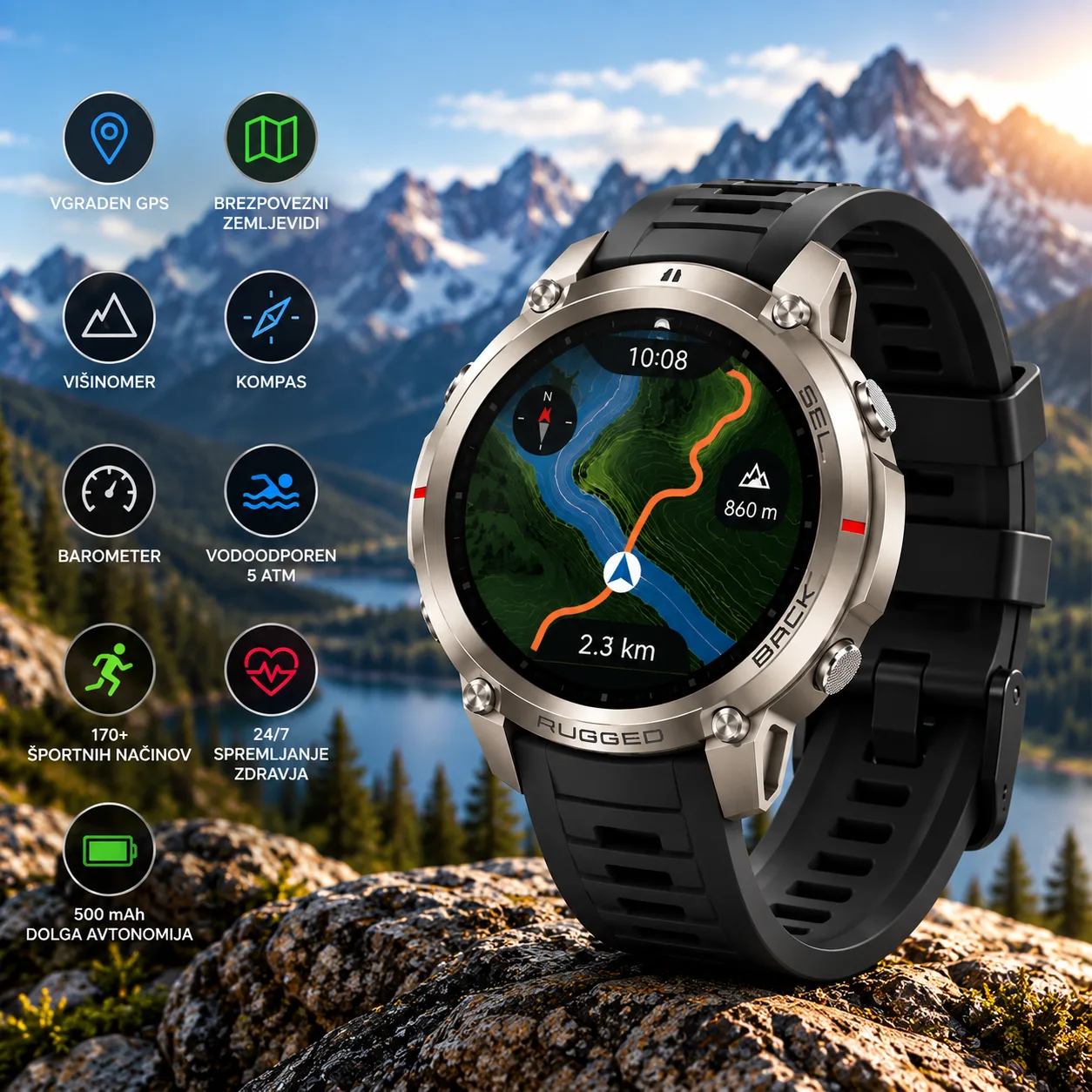 GPS športna pametna ura z AMOLED zaslonom, offline zemljevidi, 5 ATM