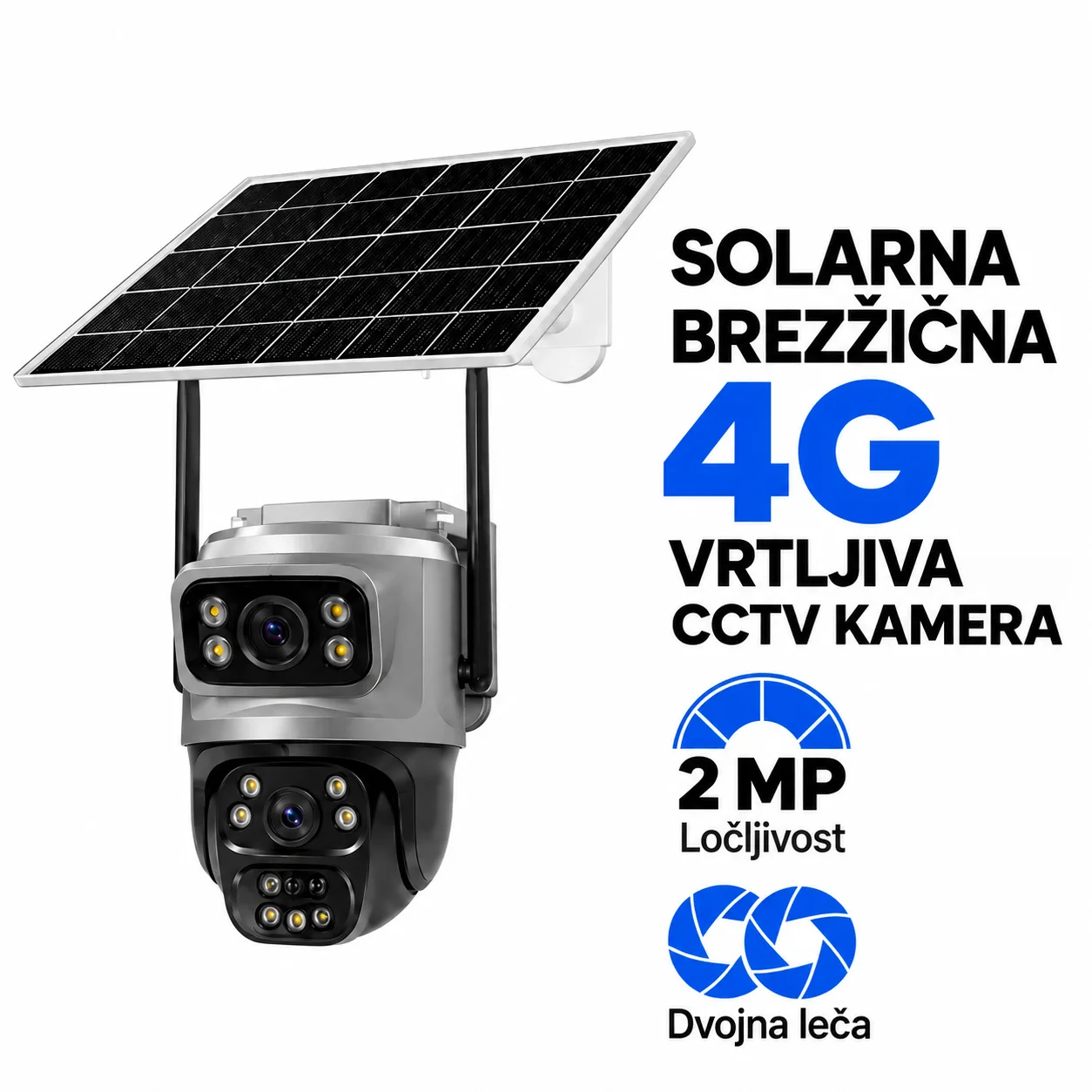 Profesionalna solarna varnostna kamera z dvojno lečo, 4G, IP66 in 2 MP