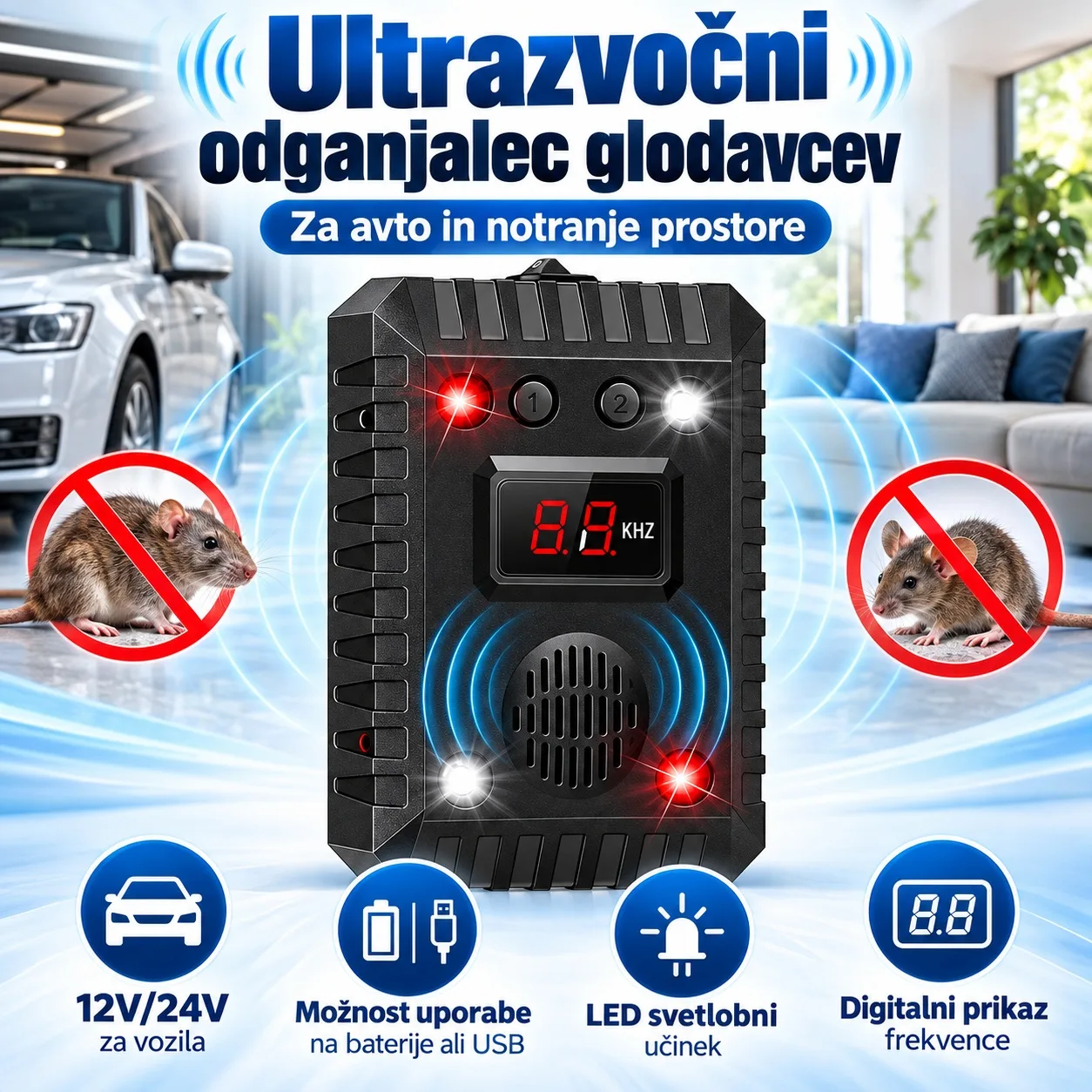 Ultrazvočni odganjalec kun, miši in podgan za avto - 12 V in baterijsko napajanje