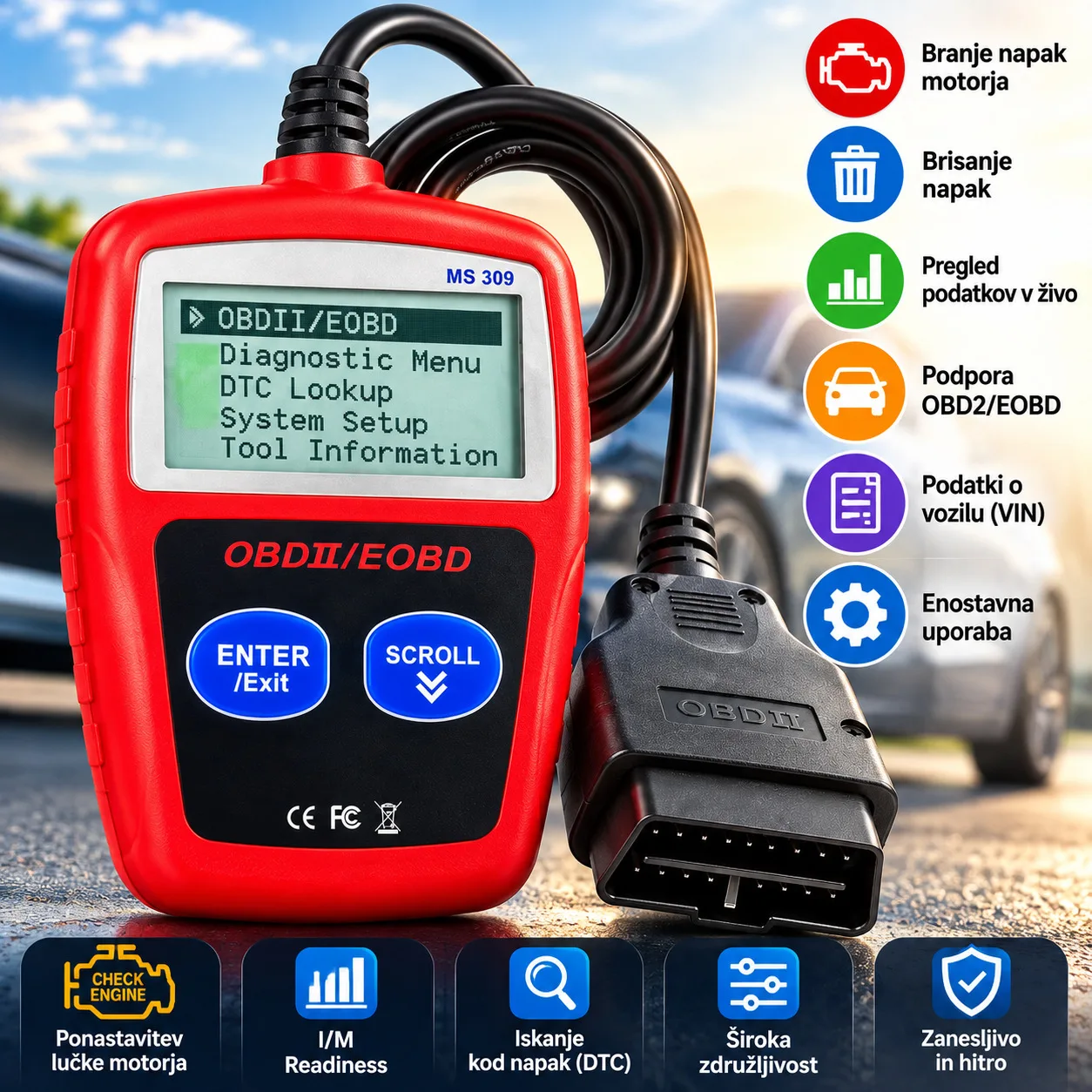 OBD2 avtotester, čitalnik in brisalnik napak motorja z LCD zaslonom