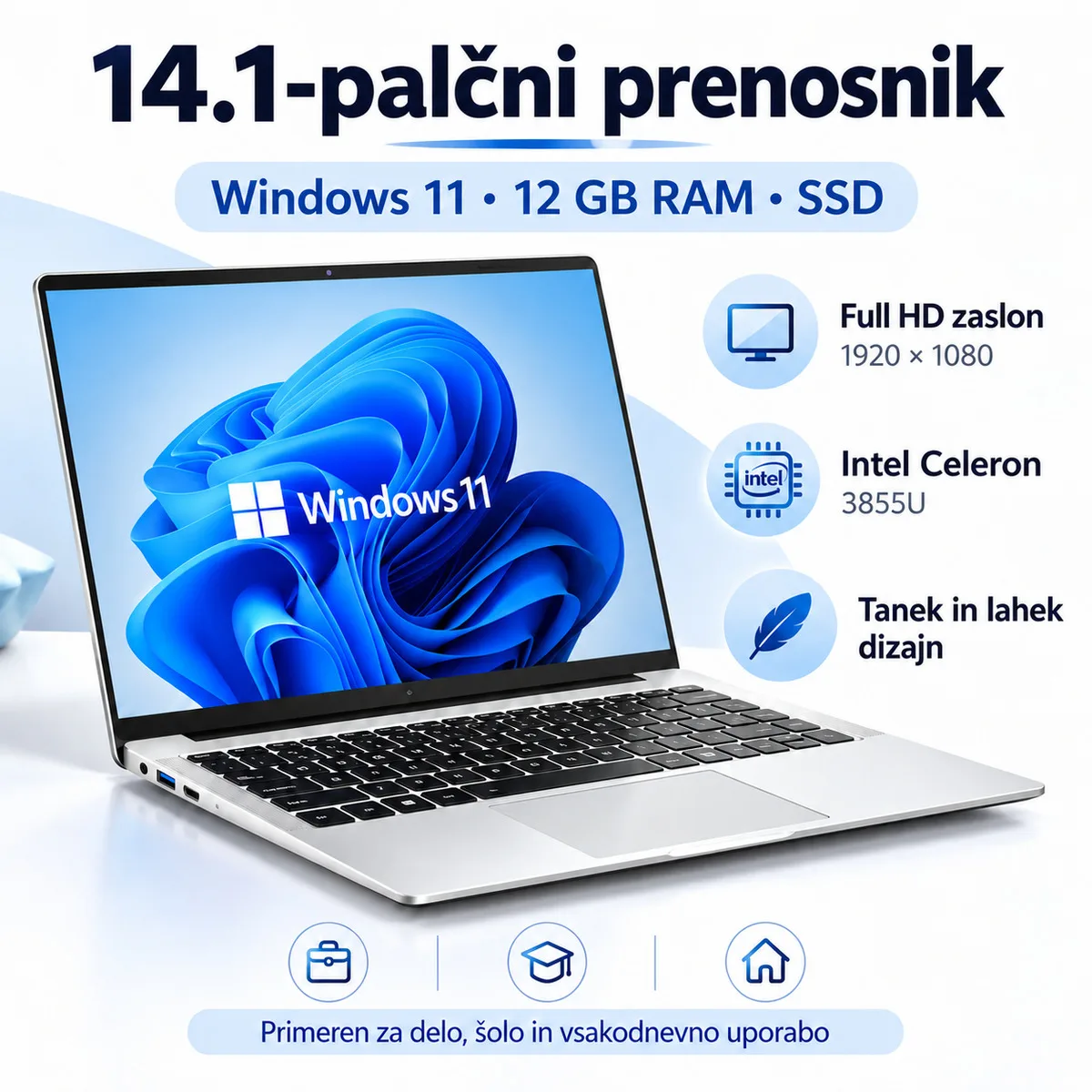 Prenosni računalnik 14,1″ Windows 11, Intel Celeron, 12 GB RAM, SSD, Full HD