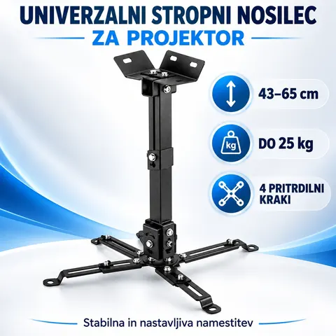 Univerzalni stropni nosilec za projektor – nastavljiv 43–65 cm, do 25 kg, črn