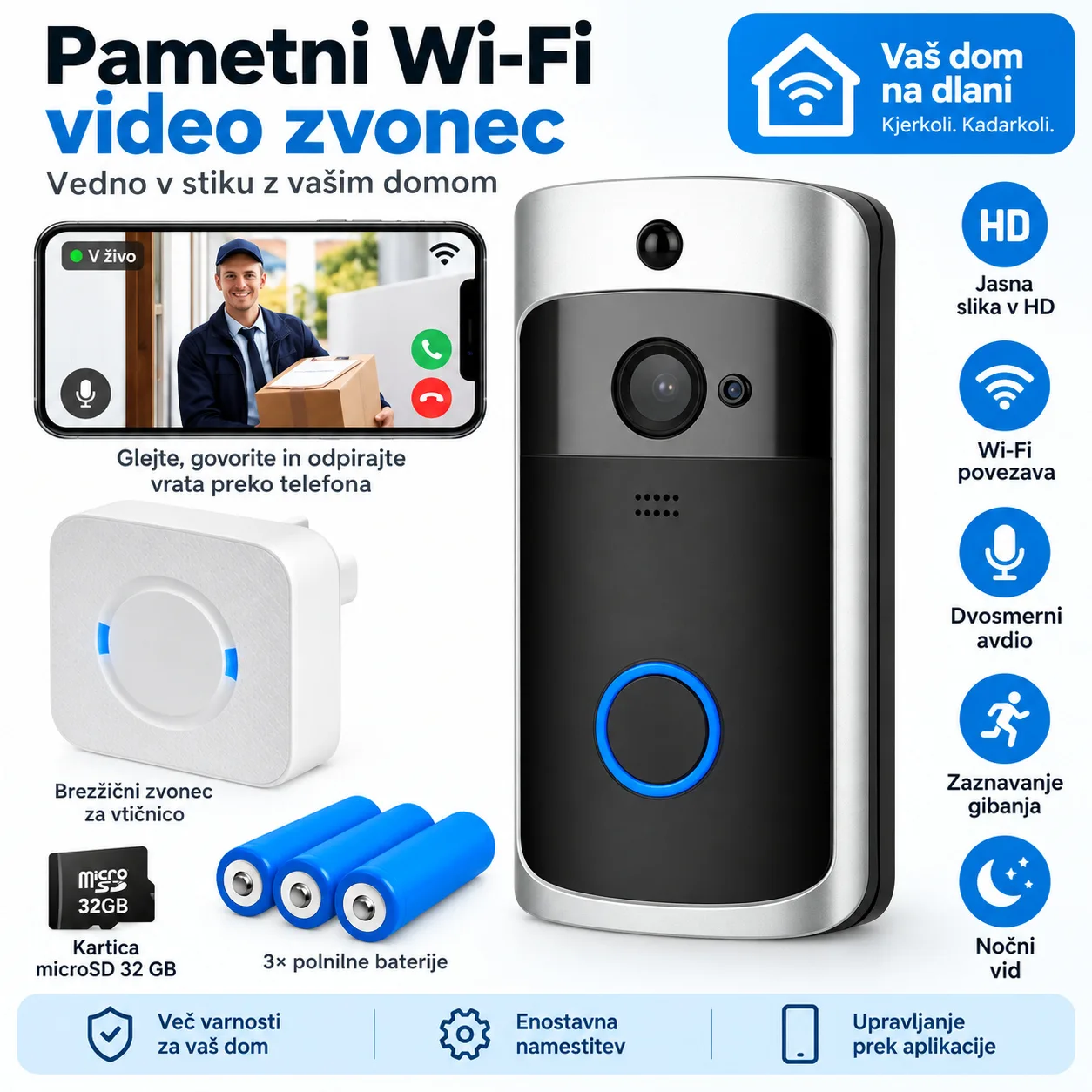 Pametni WiFi video zvonec s kamero 720p HD, PIR senzorjem in nočnim vidom