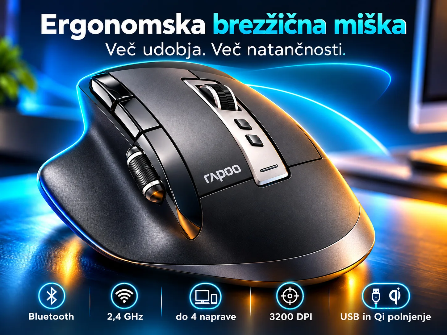 Brezžična ergonomska miška Rapoo - Bluetooth 3200 DPI, optični senzor, brezžično Qi polnjenje