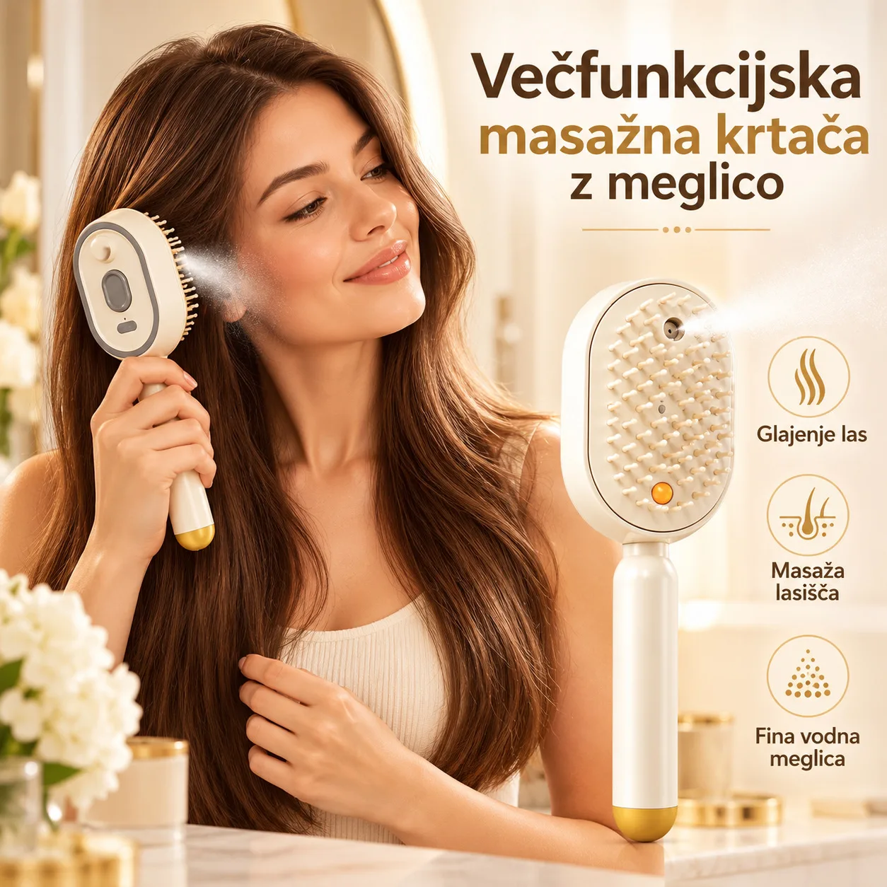 Električna masažna krtača za lase in lasišče z razpršilnikom - Anti-Frizz, glajenje las