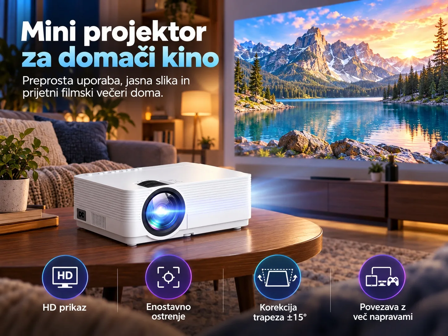 Mini projektor Vankyo HD 720p, podpora 1080p, do 200"