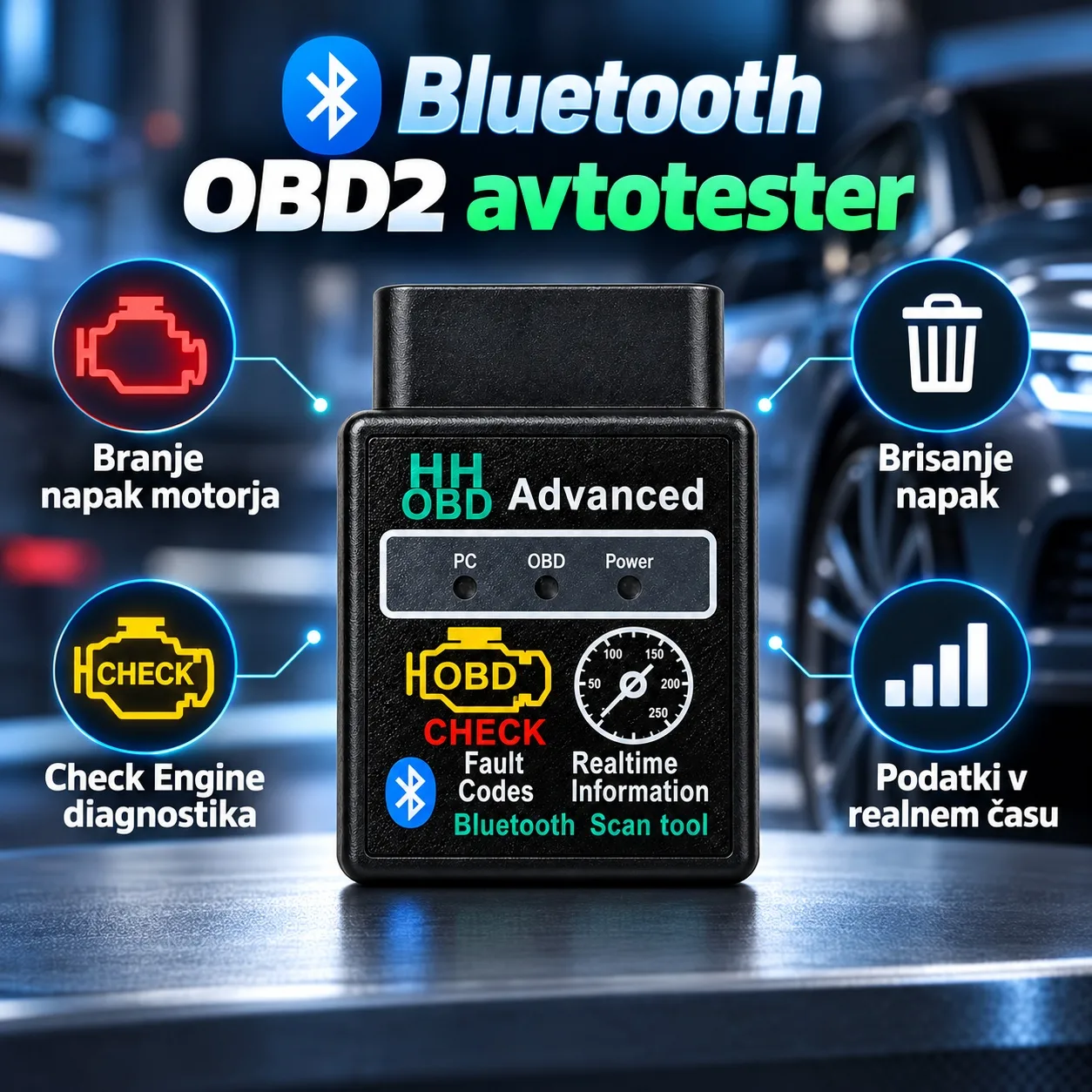 Bluetooth OBD2 avtotester ELM327, brezžična diagnostika avtomobila, branje in brisanje napak motorja