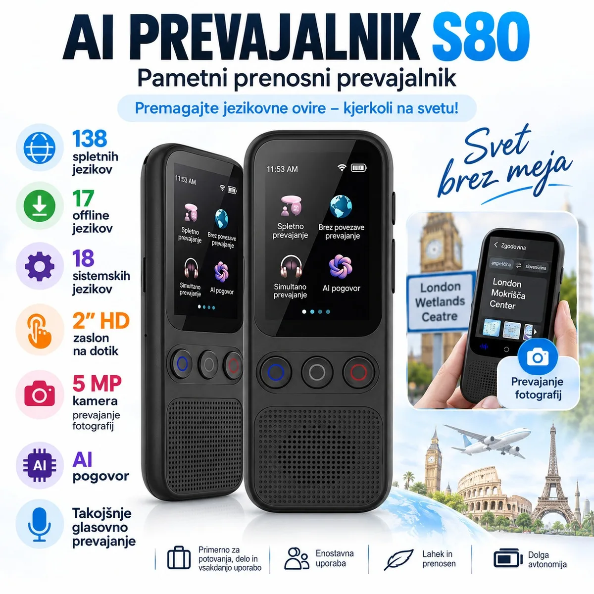 AI prevajalnik  – govorni prevajalnik do 148 jezikov, kamera, WiFi in AI funkcije