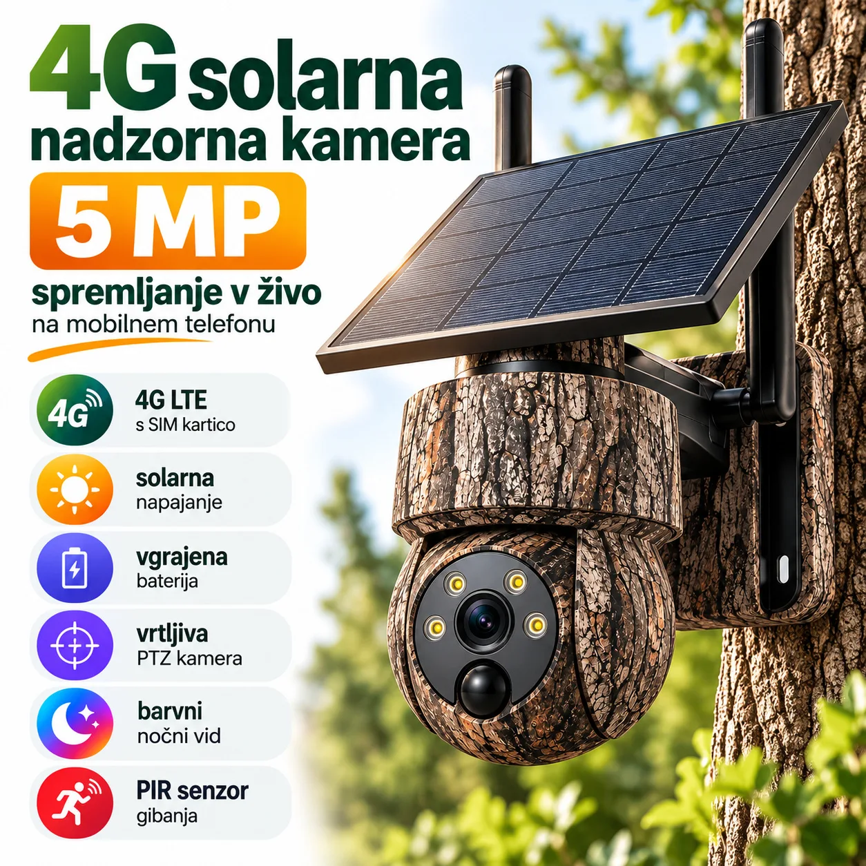 Solarna nadzorna kamera 4G, 5 MP, vrtljiva, s spremljanjem v živo, nočnim vidom in baterijo