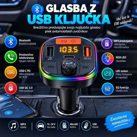 FM oddajnik za avto Bluetooth USB-C PD 18W — slika 4