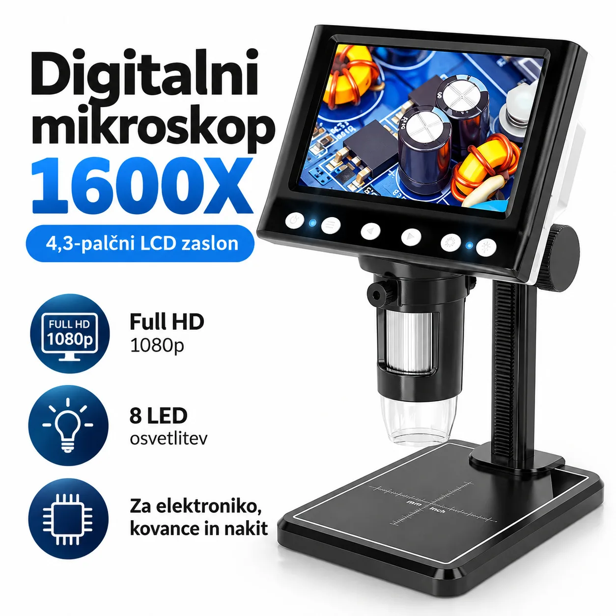 Digitalni mikroskop 1600X z LCD zaslonom 4,3″ - Full HD 1080p